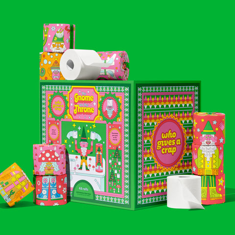 The Gnome on the Throne Limited Edition, a box of 48 eco-friendly toilet paper rolls with colourfully illustrated wrappers that stack together to create gnome figures.